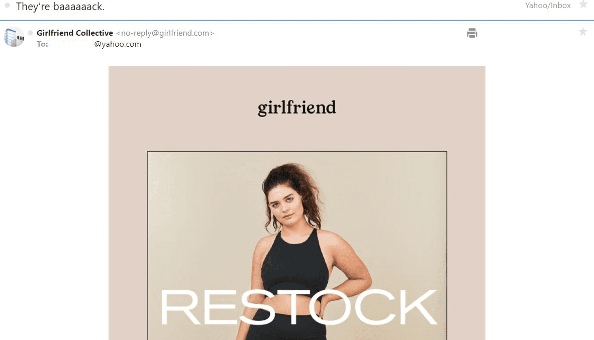 An example of an email from Girlfriend Collective notifying a customer an item they were interested in has been restocked