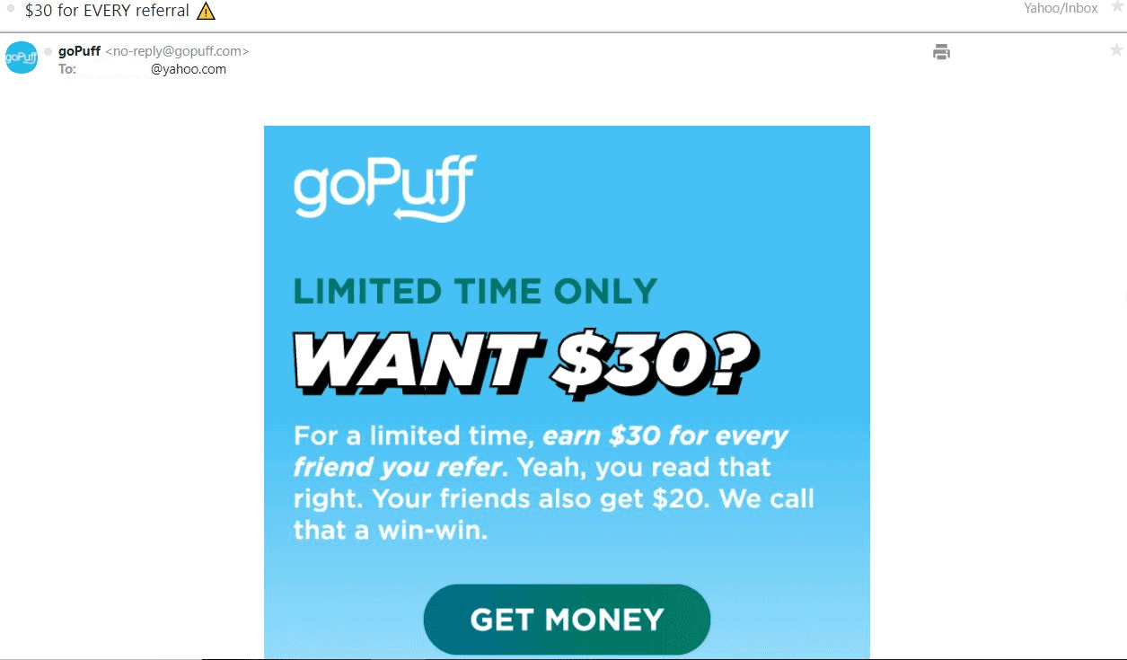 An example of a referral email from gopuff