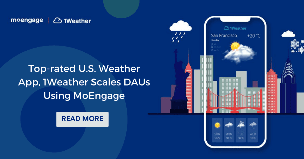 A designed image of a mobile phone displaying local weather information from 1Weather