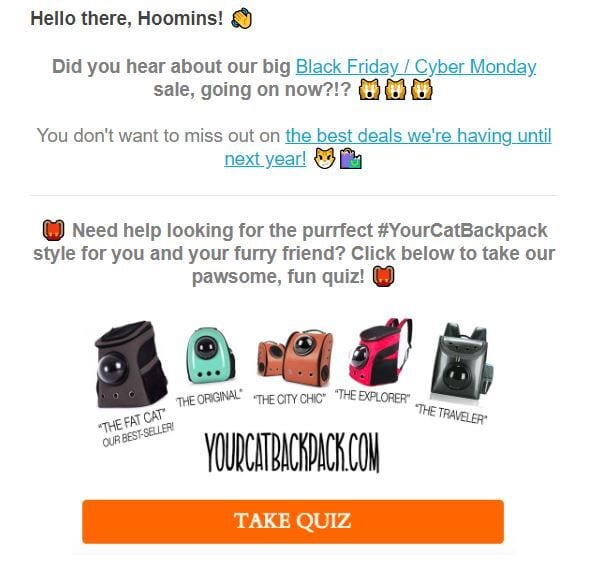 An example of an email with a link to a customer survey from YourCatBackPack