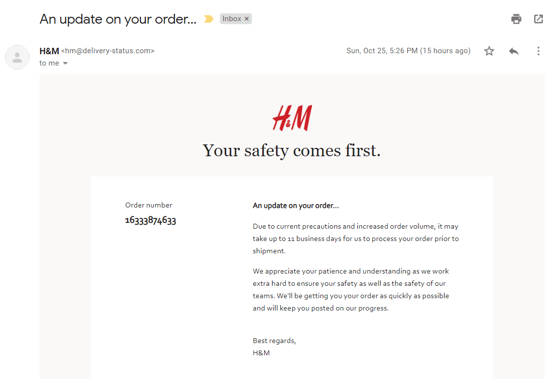 An example of an order confirmation email from H&M