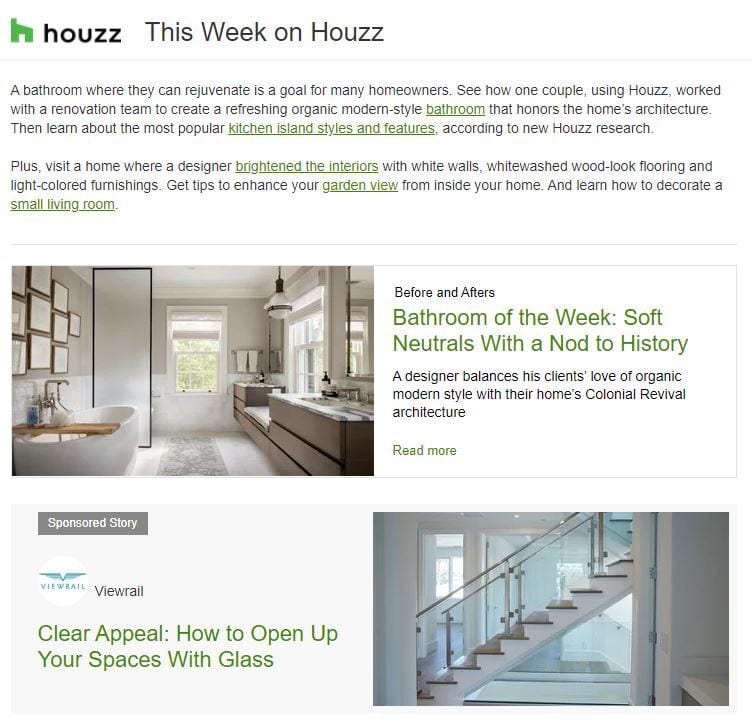 An example of a Houzz email newsletter that shares creative house renovation ideas