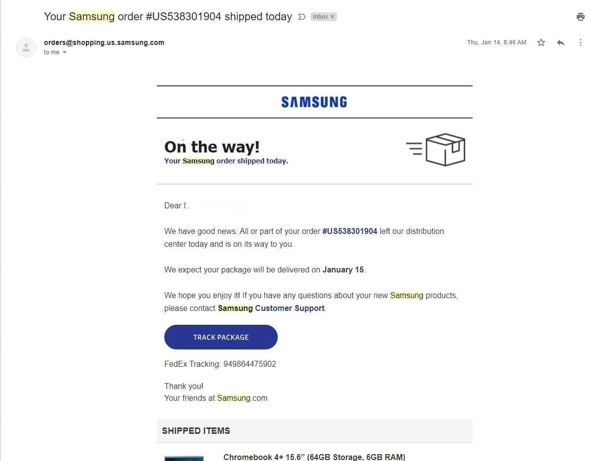 An example of a clear, readable shipping order from Samsung with an order tracking number