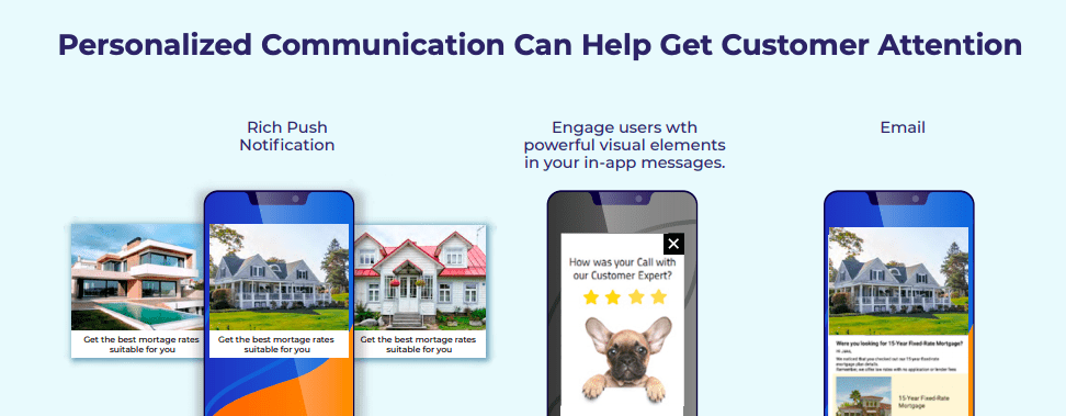 An infographic showing examples of personalized communication via in-app messages, mobile push notifications, and email
