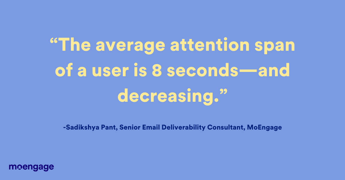 A designed image with a quote from Sadikshya Pant, Senior Email Deliverability Consultant at MoEngage about customers’ average attention span