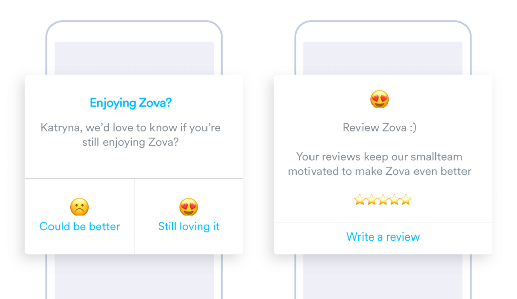 An example of in-app messaging requesting customers to submit reviews of their product or service