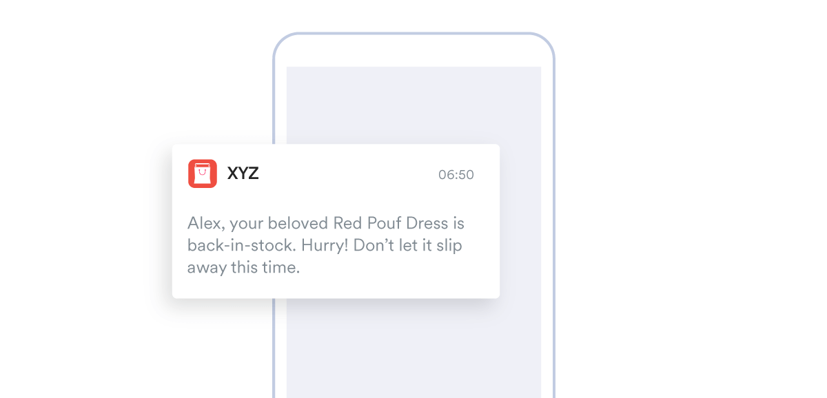 An example of a mobile push notification letting a customer know an item they were looking at is back in stock