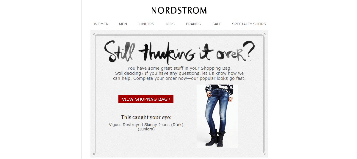 An example of a personalized abandoned cart email from Nordstrom