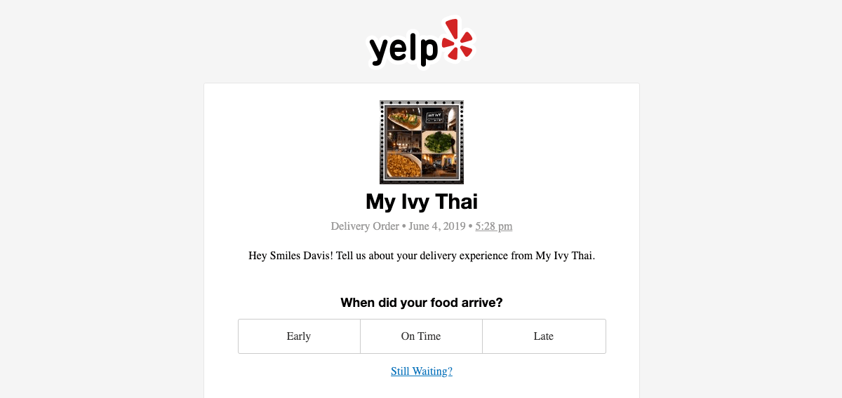 An example of a food delivery feedback email from Yelp