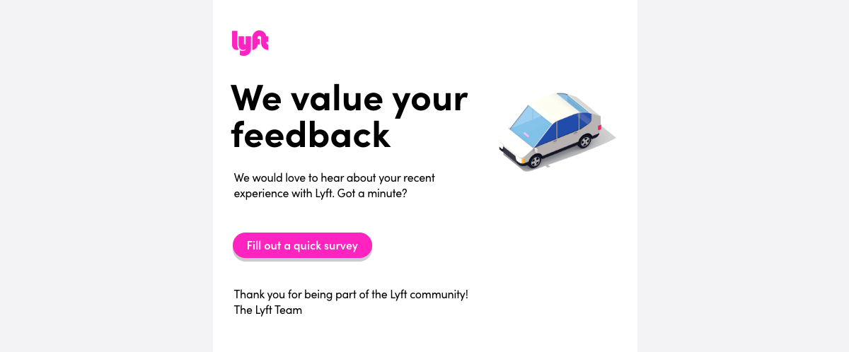 An example of a survey email from Lyft