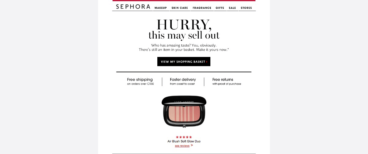 An example of abandoned cart email from Sephora