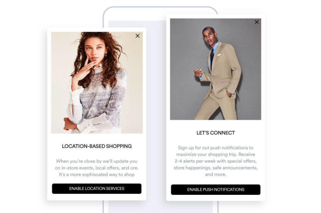 An example of two personalized requests to enable push notifications by Barneys