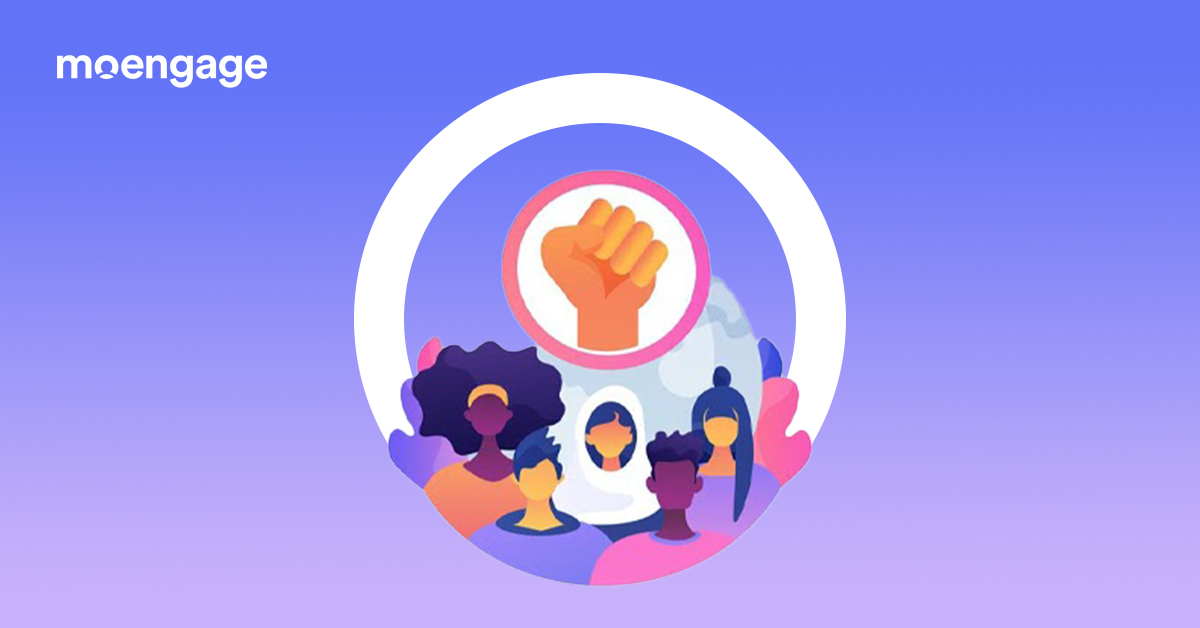 A designed image showing multiple people and a closed fist raised