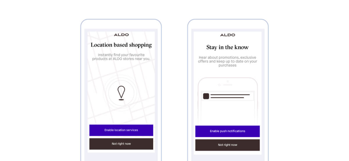 An example of an opt-in message on a mobile app from Aldo