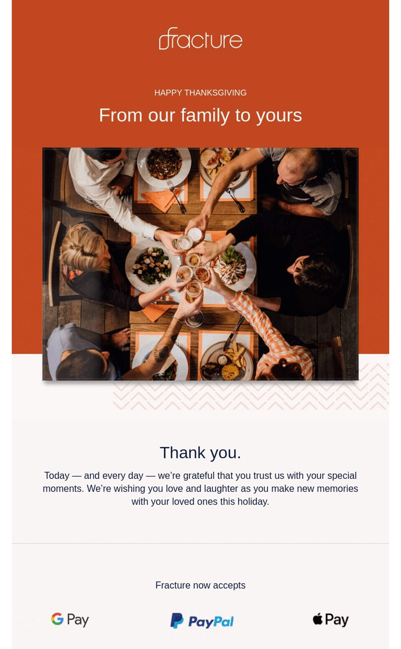 An example of a holiday-themed thank you email from fracture