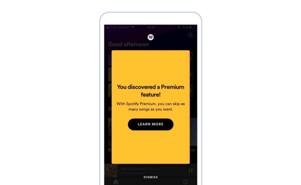 Spotify in-app message for promoting different plans and features