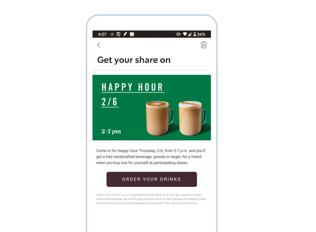 An example of a personalized in-app message from Starbucks