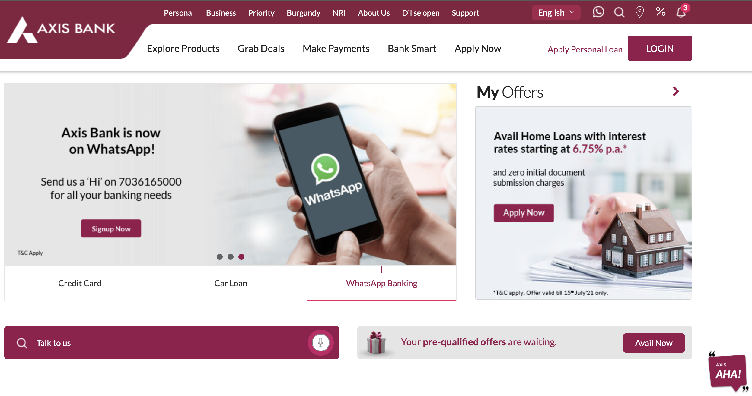 Axis Bank’s home page, promoting their personal financial products