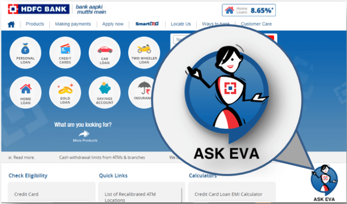 A screenshot of HDFC Bank’s website, showcasing their chat bot functionality