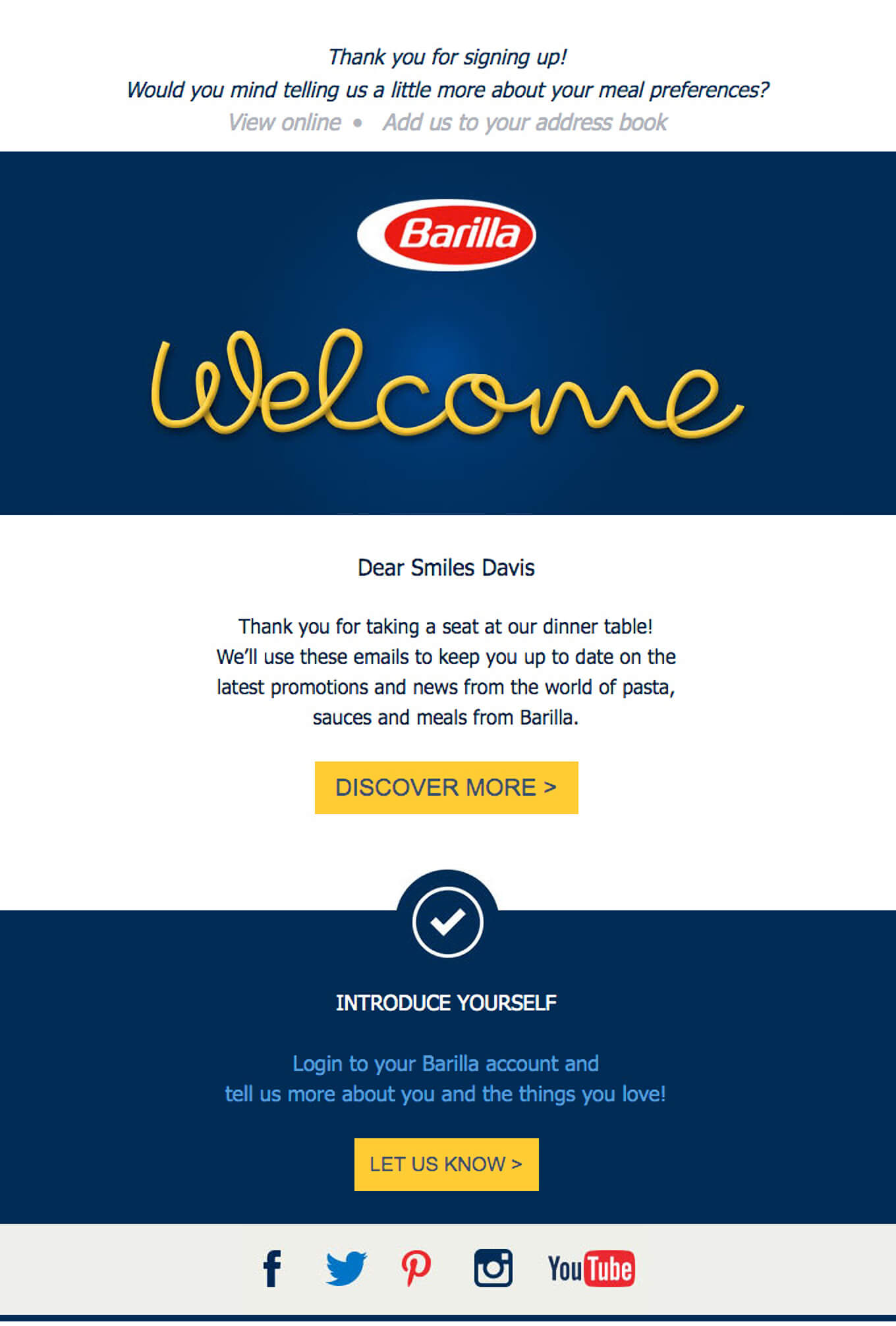 An example of a welcome email from Barilla