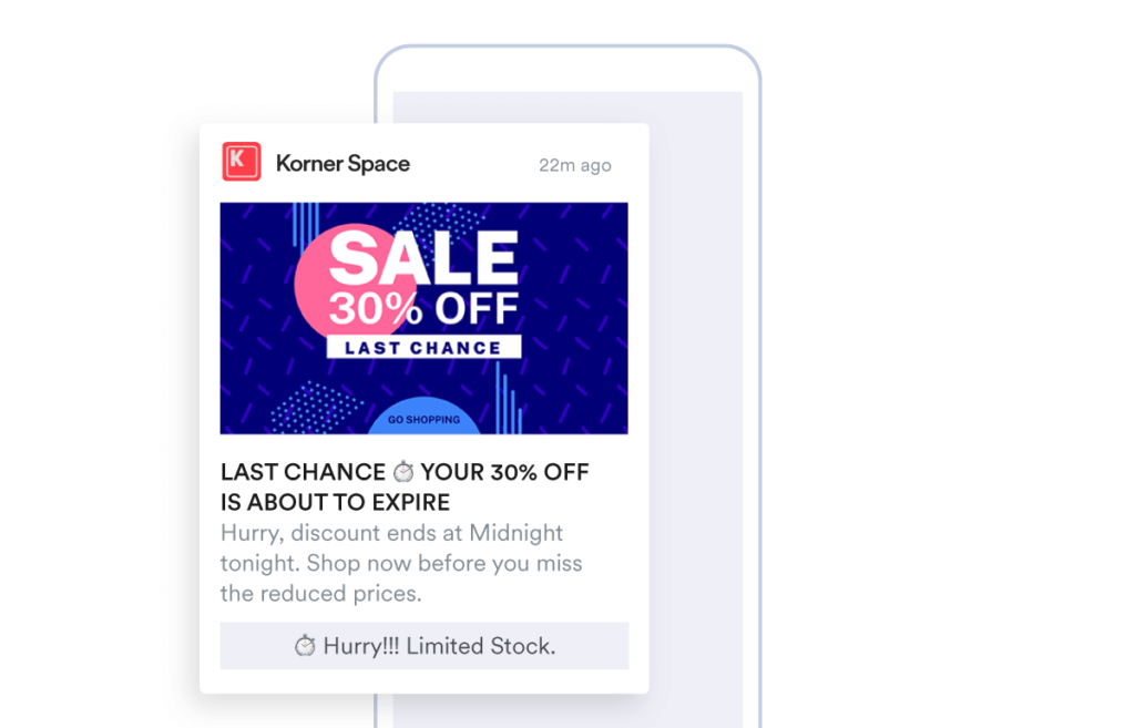 Example of Korner Space push notification for reminding consumers of price drops and sale