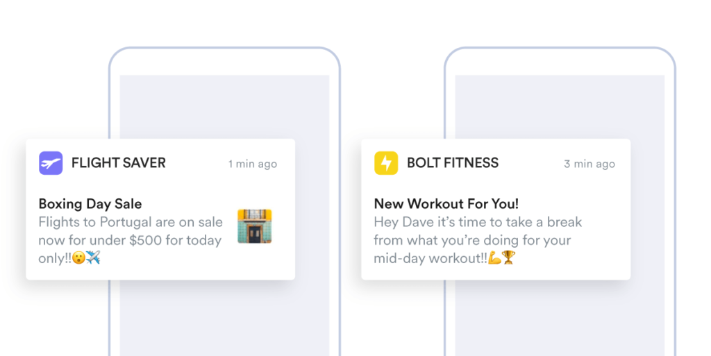 Examples of push notifications to pat customers on the back and showing how their action helped them