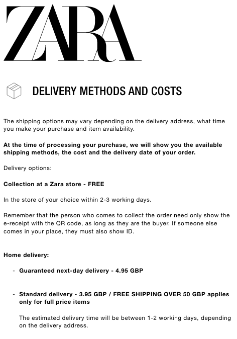 An example of Zara’s clearly defined delivery options