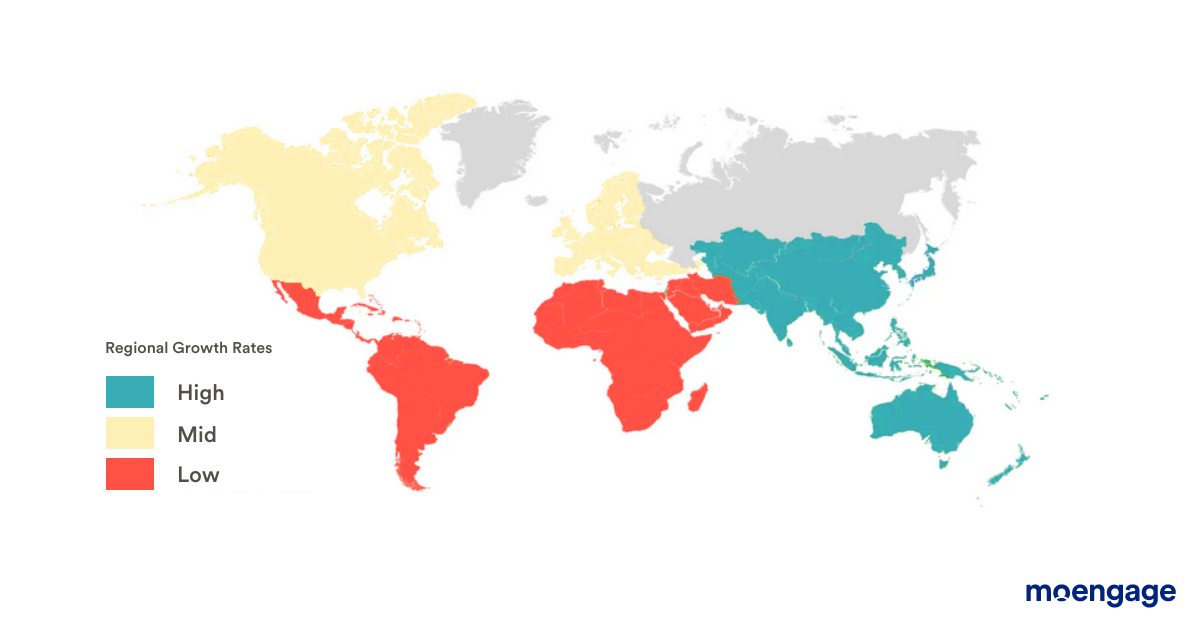 A world map showing the predicted regional growth of RCS messaging