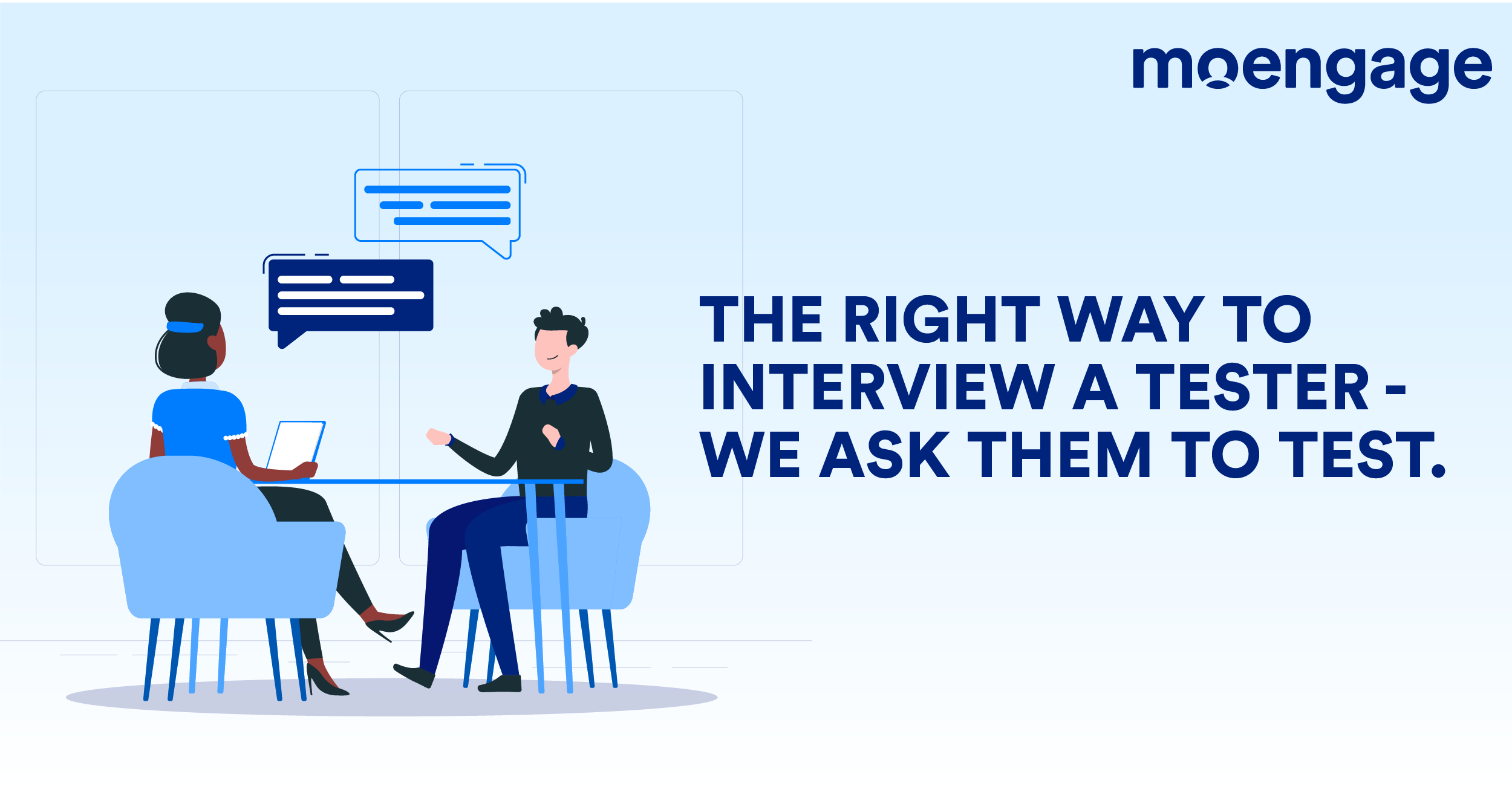 A designed image showing an interview being done at a small table