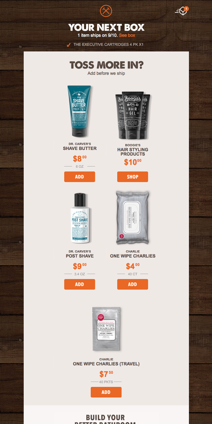 An example of a cross-selling email from Dollar Shave Club