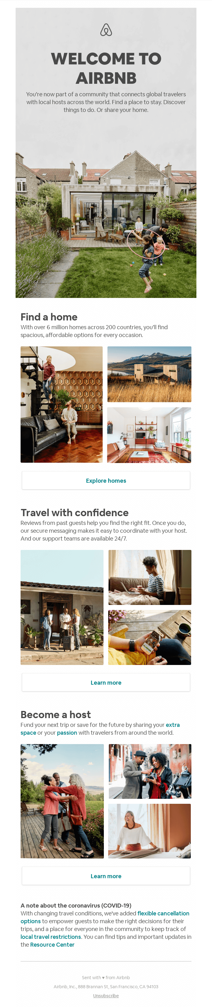 An example of a welcome email from AirBnb