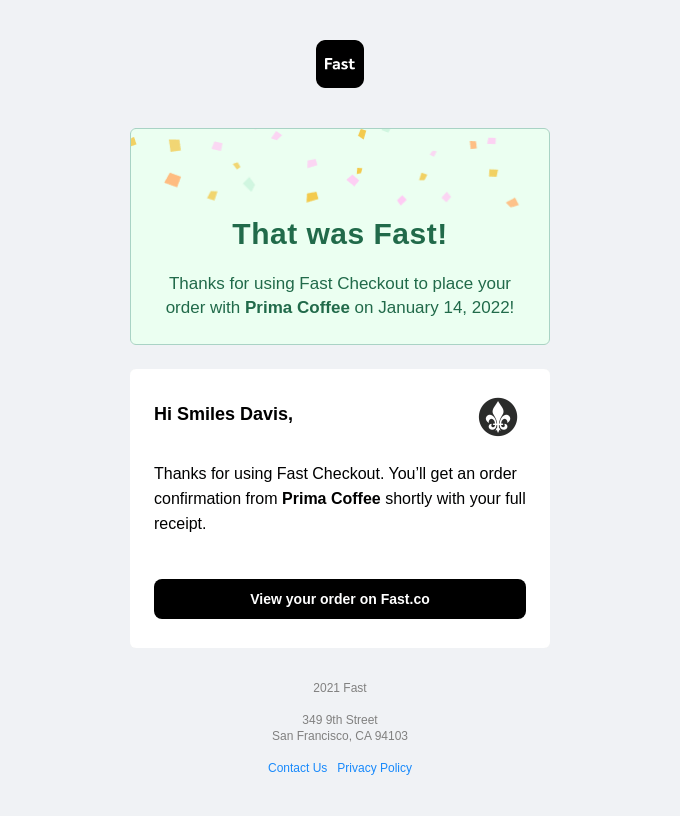 An example of a Thank You email from Prima Coffee