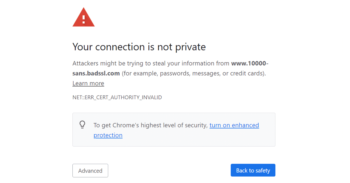 A warning showing that the internet connection is not private