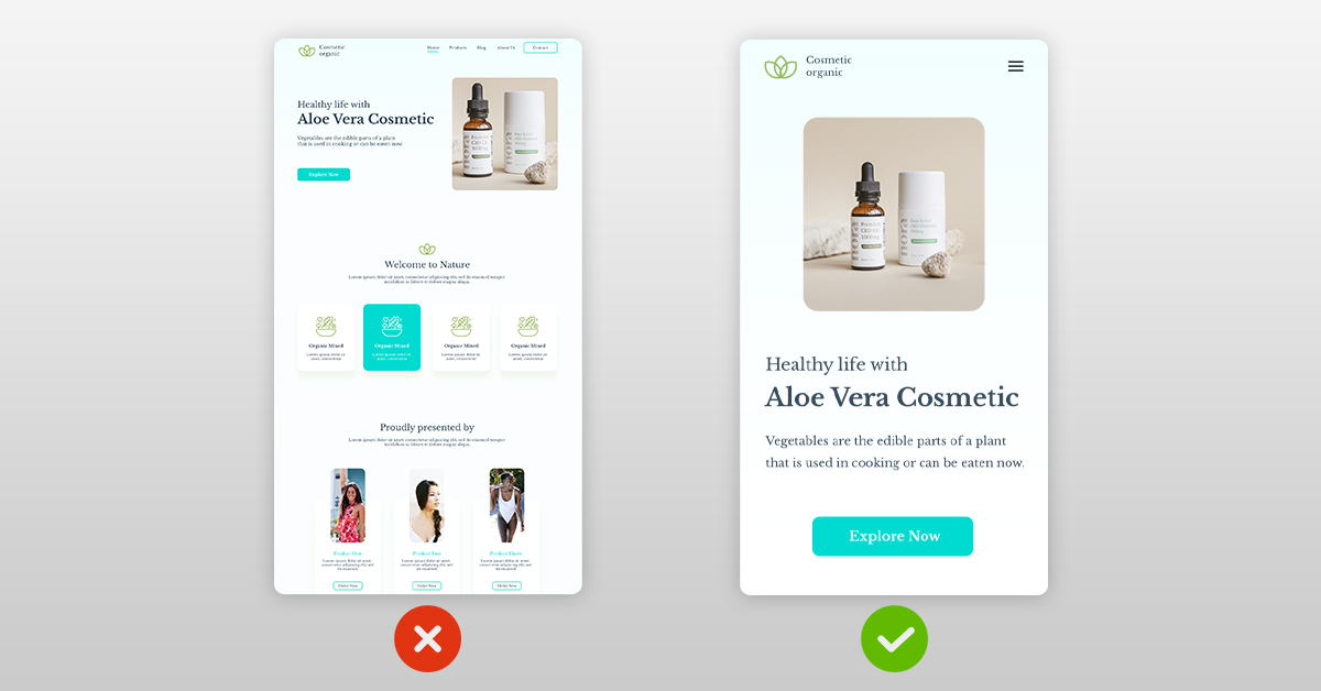 An image showing a mobile optimized screen compared to one that’s not
