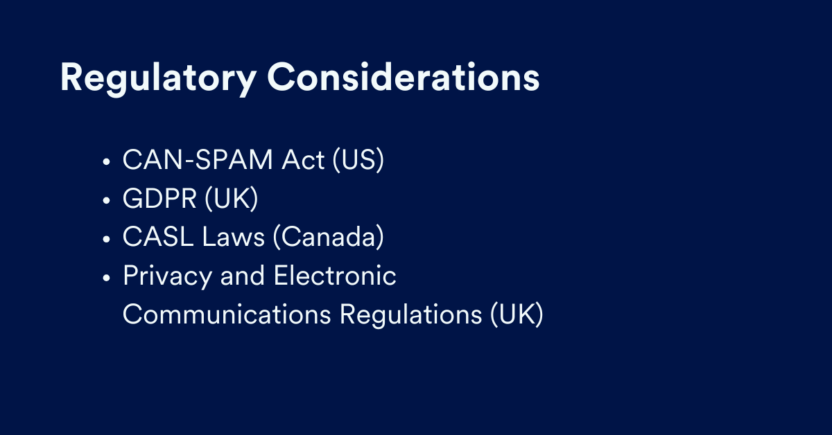 This image lists the regulatory considerations for email marketing