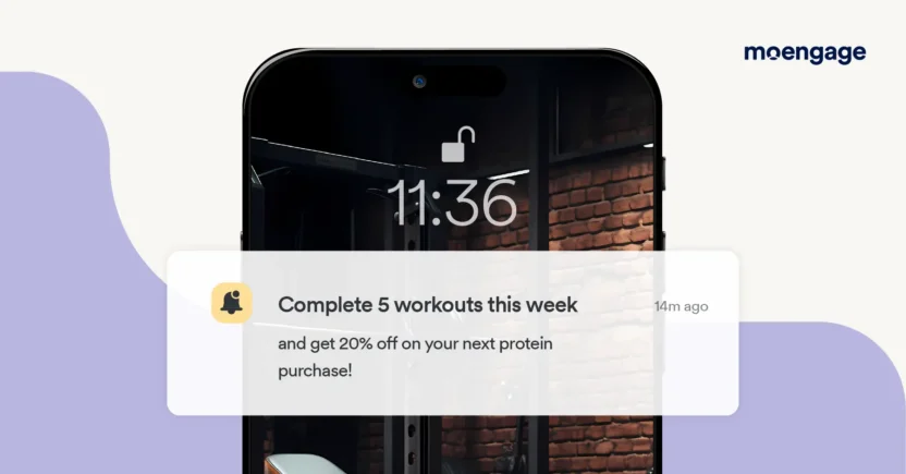 A mobile push notification motivating a customer with a discount to complete workouts