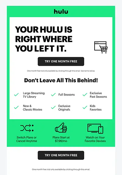 An automated cart abandonment email from Hulu