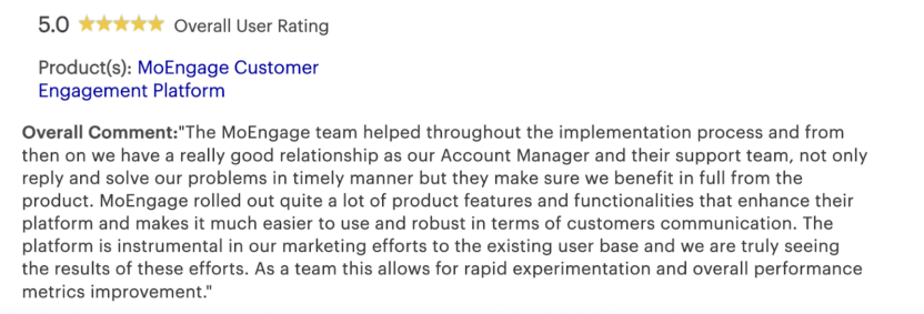 Quote from a user review on Gartner Peer Insights explaining why they gave MoEngage a 5-star rating