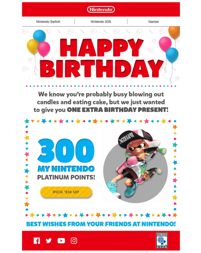 Personalized birthday email example from Nintendo