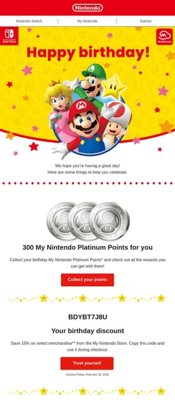 Automated email marketing campaigns example from Nintendo on a customer's birthday