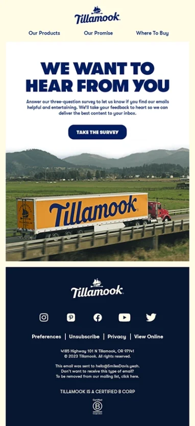 Automated email marketing campaigns example from Tillamook on customer survey