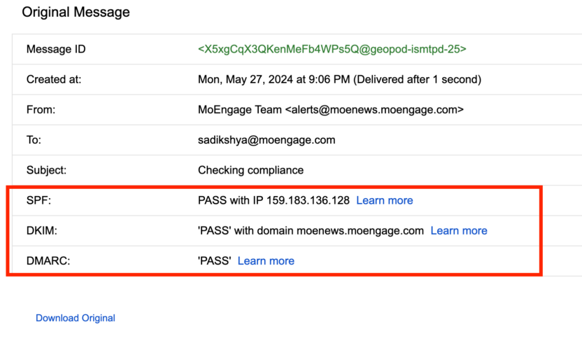 This is an image of authentication results for email compliance requirements