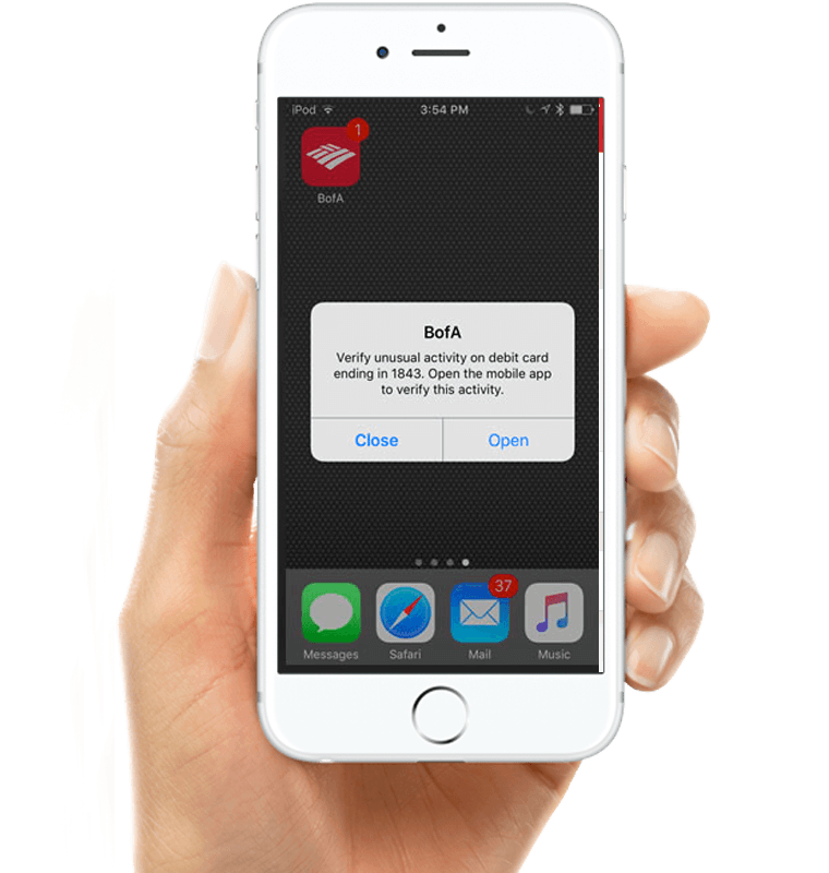 Example of a real-time transactional alert from Bank of America warning of suspicious activity
