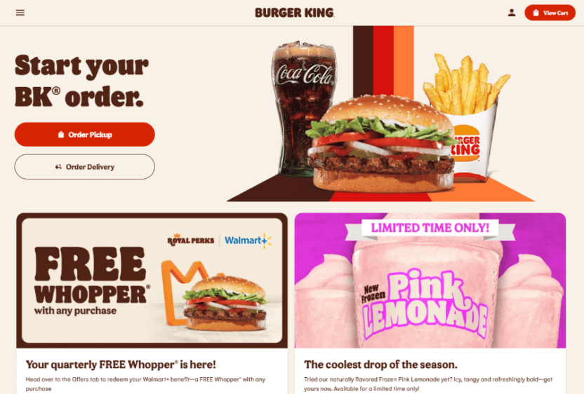 Product recommendations on Burger King’s home page