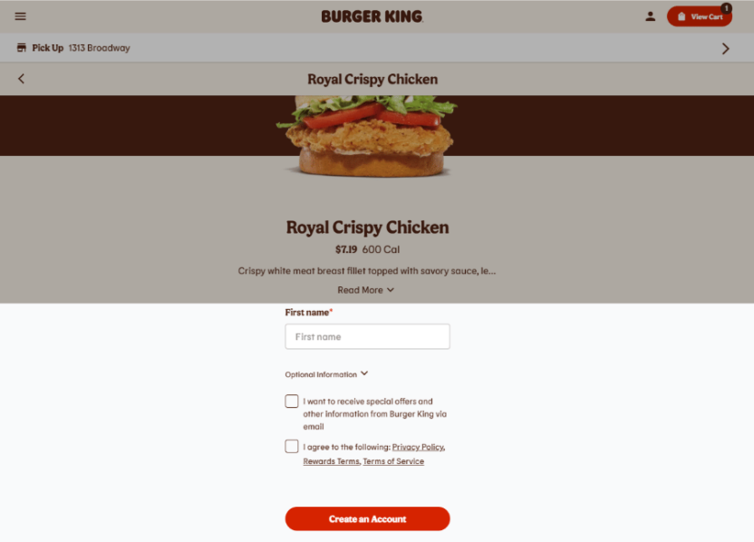 Burger King’s sign up process integrated into the checkout process