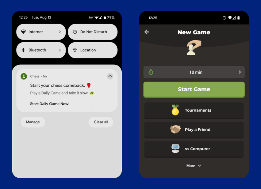 A mobile push notification from Chess.com asking the customer to come back and play a match, alongside the screen to start a new game