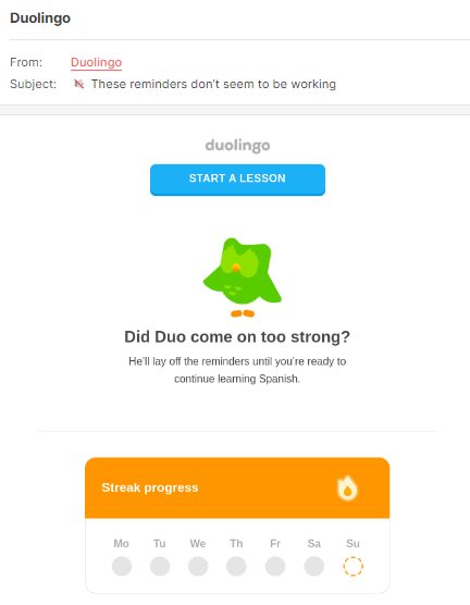 An example of a personalized email from Duolingo