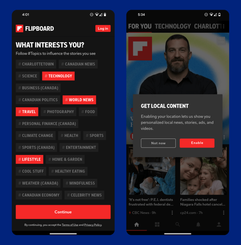 Flipboard allows customers to select their preferred content topics