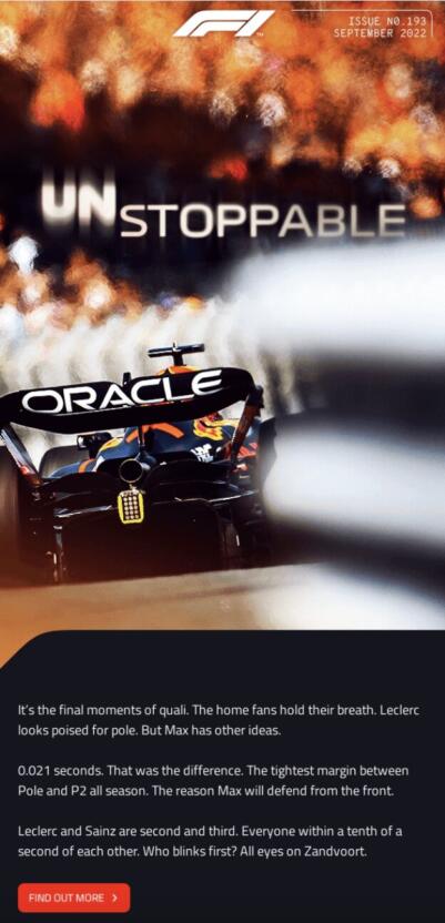 A screenshot taken from a marketing email from Formula 1 promoting omnichannel engagement