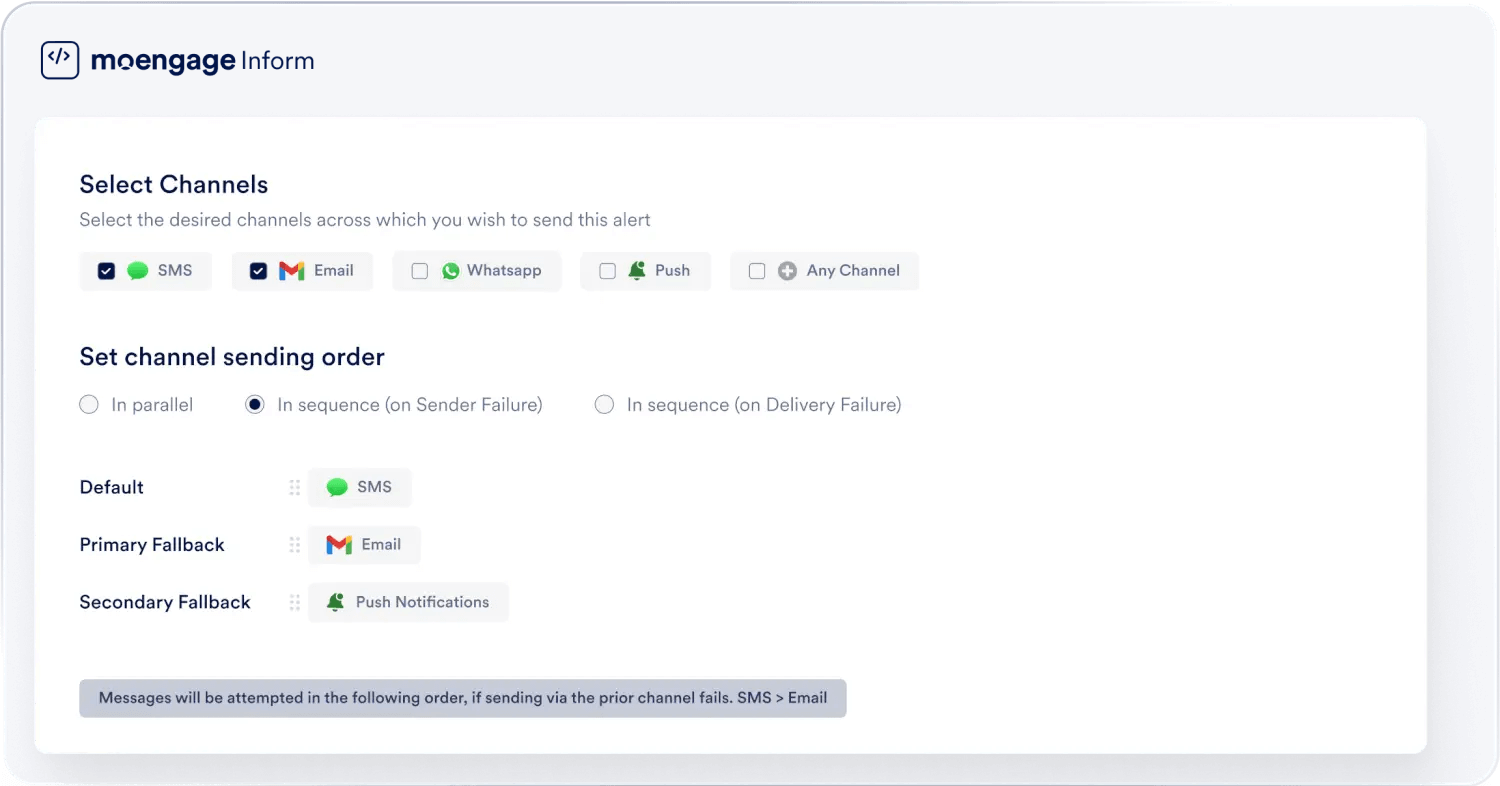 This image shows how you can select channels using MoEngage Inform 